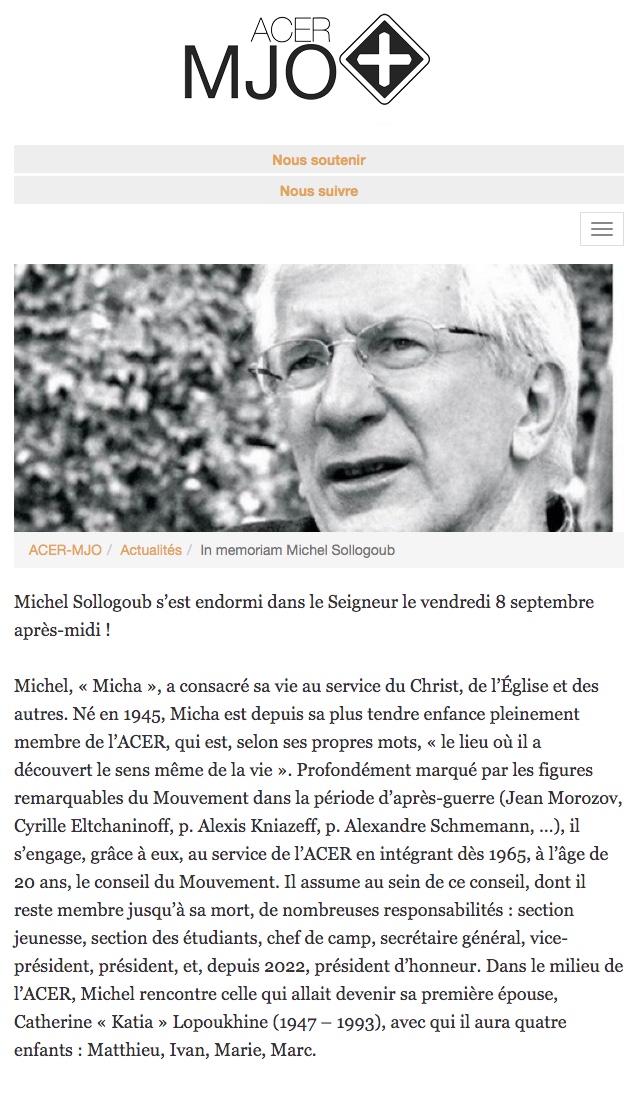Page Internet. ACER-MJO. Michel Sollogoub s|est endormi dans le Seigneur le vendredi 8 septembre 2023 après-midi. 2023-09-08